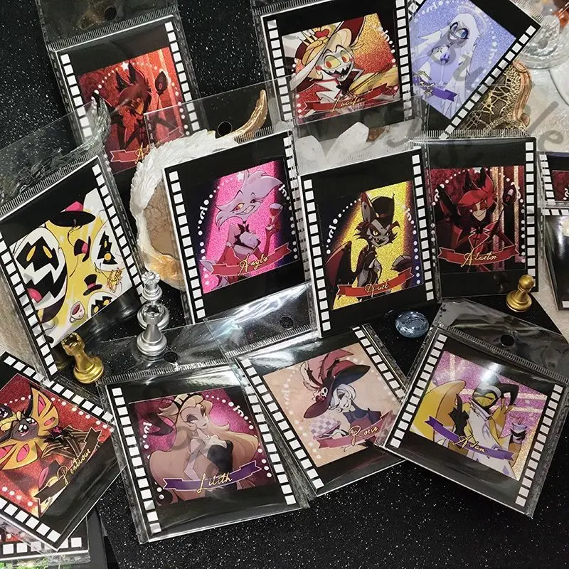Anime Hazbin Hotel Alastor Angel Dust Vox Adam Husk Cosplay doble Flash tarjeta de imagen instantánea dibujos animados tarjetas con brillo plateado Navidad
