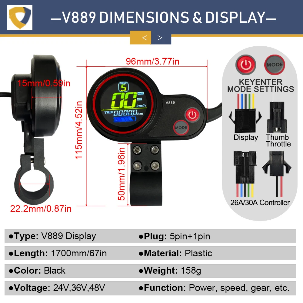 Ebike Sine Wave 17A 26A 30A Controller with 36V/48V LCD DIsplay V889 For Wheel Hub Motor 250W-1000W Electric Bike Conversion Kit