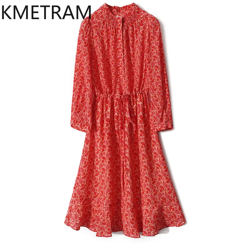 

KMETRAM Mulberry Silk Floral Dress for Women 2024 Summer Lace-up Waist Dresses Mid-length Women's Clothing New Robe Femme Été