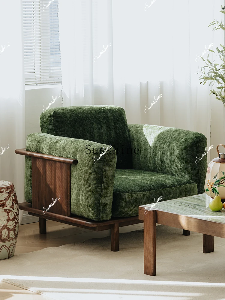 Black walnut solid wood fabric retro small apartment modern simple three-person sofa  FT