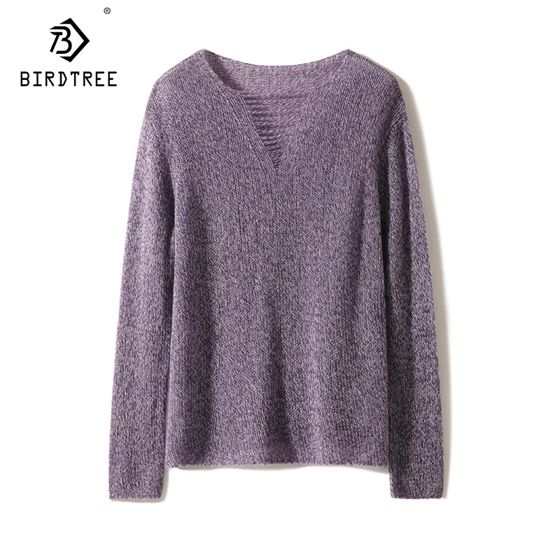 Birdtree-Elegant Pullovers For Women, Sheep Wool Cashmere, V-Neck, Soft Fashion OL Sweaters, Autumn Winter New Clothes T40419QM