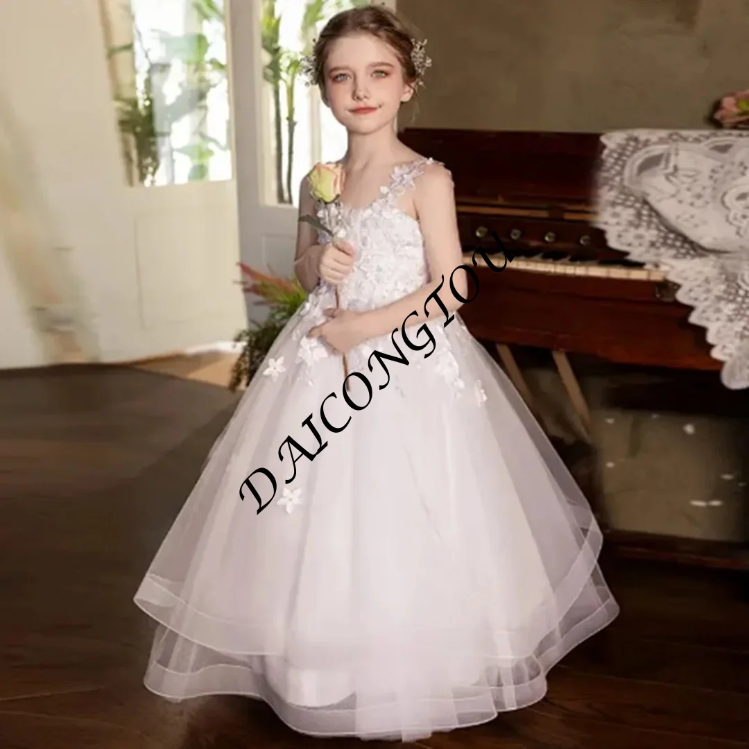 Customized Luxury Flower Girl Dresses For Wedding Tiered Appliques Floral Princess Birthday Party First Communion Pageant Gown