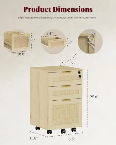 3 Drawer File Cabinet with Lock, Small Rattan | Filing Cabinets with Wheels, Wood Rolling Office Storage for Under Desk
