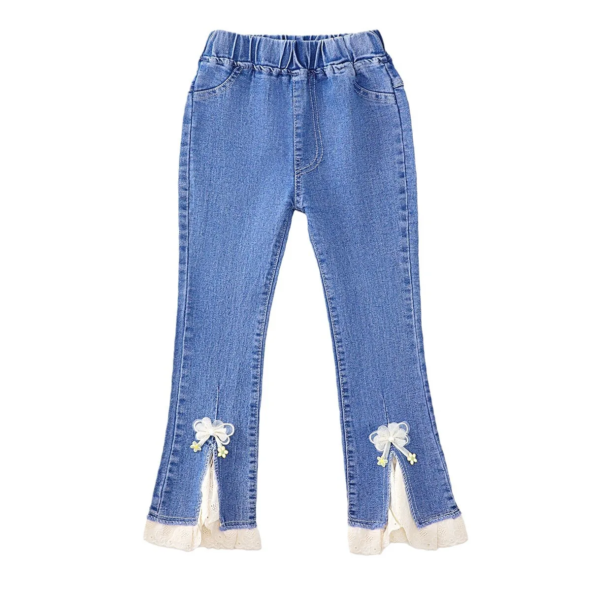 Celana Denim Anak Perempuan untuk 1-12 Tahun Celana Panjang Berkaki Lebar Longgar Renda Satin Celana Kaki Menyala Kasual Pakaian Anak-anak Musim Penuh
