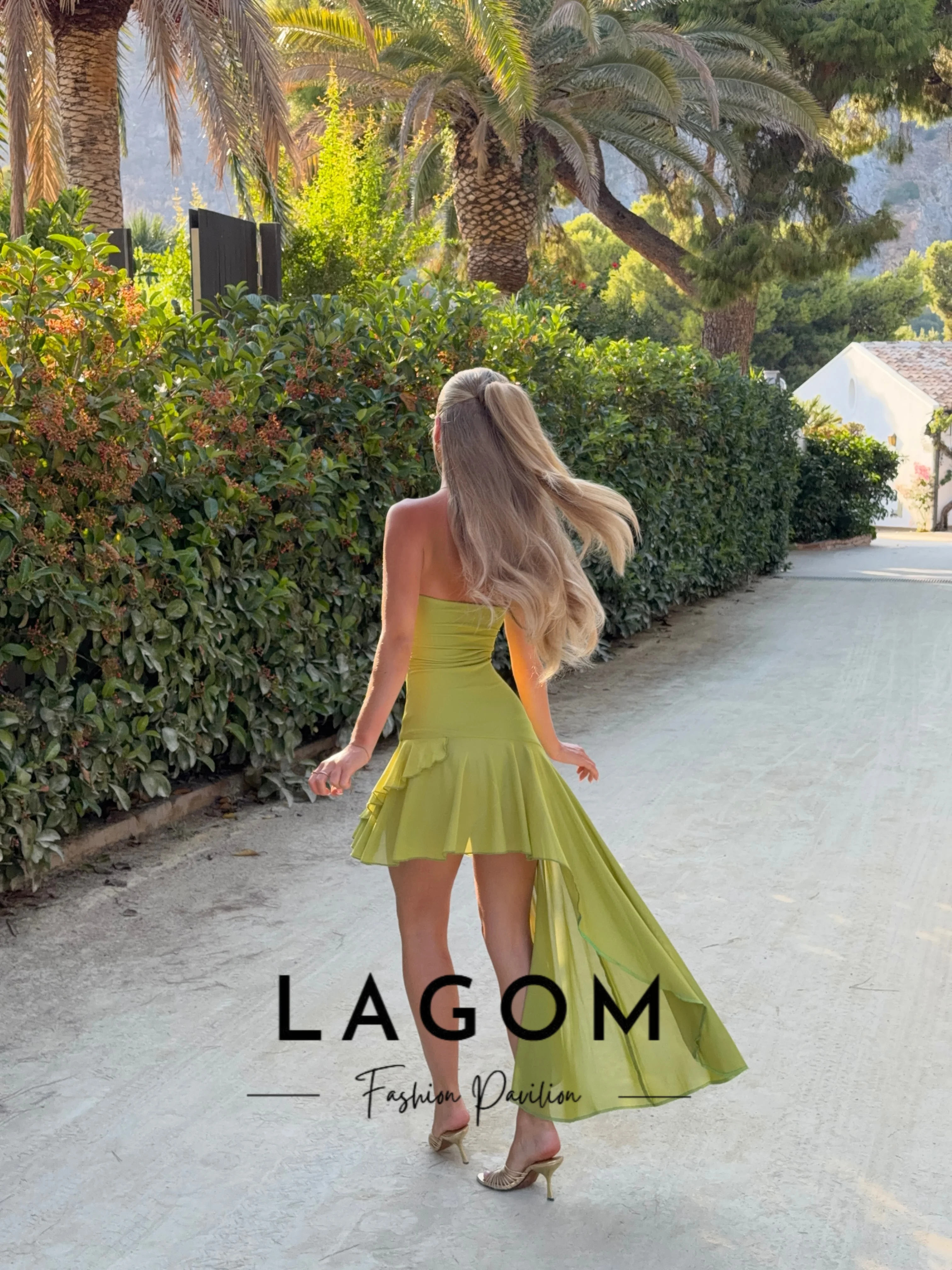 Lagom Unique Green Strapless Bodycon Asymmetrical Ruffle High Low Hem Summer Beach Cocktail Party Dress Customized شارون