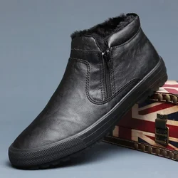 Nuevos zapatos de invierno para hombres, botas de cuero cálidas de felpa en el interior, partes superiores altas, zapatos casuales de cuero, botas de plataforma