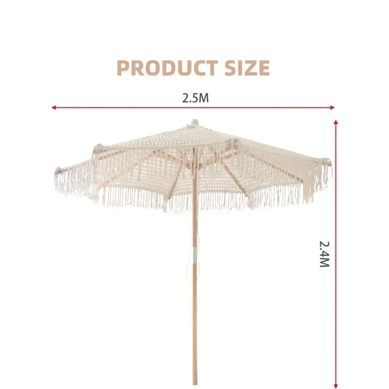 Bohemia Cotton Rope Parasols 2.5M Wooden Pole Handmade Tassels Woven Canopy Beach Umbrella With Macrame Fringe