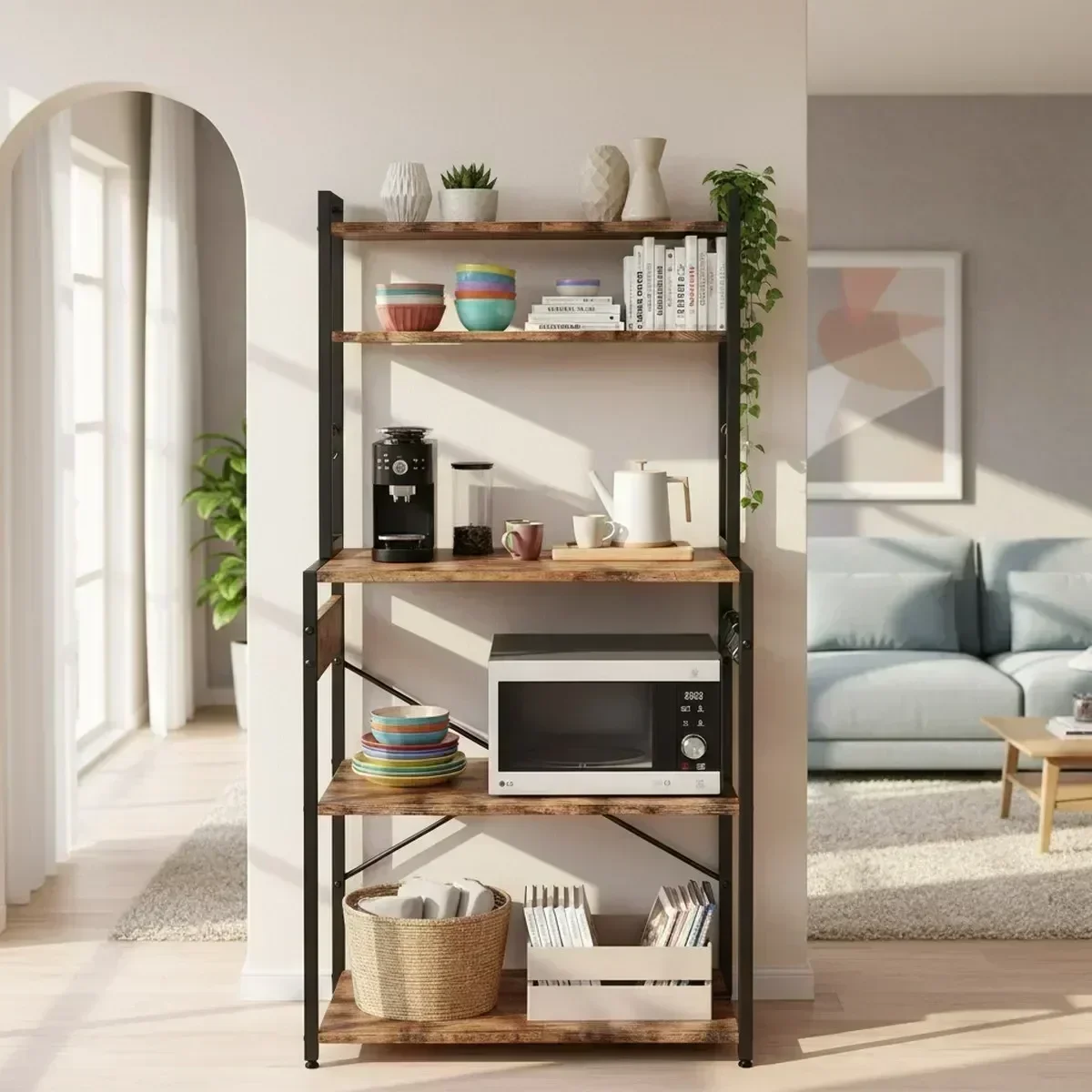 5 Tier Kitchen Baker Rack Rustic Brown Microwave Stand Storage Shelf with Hooks