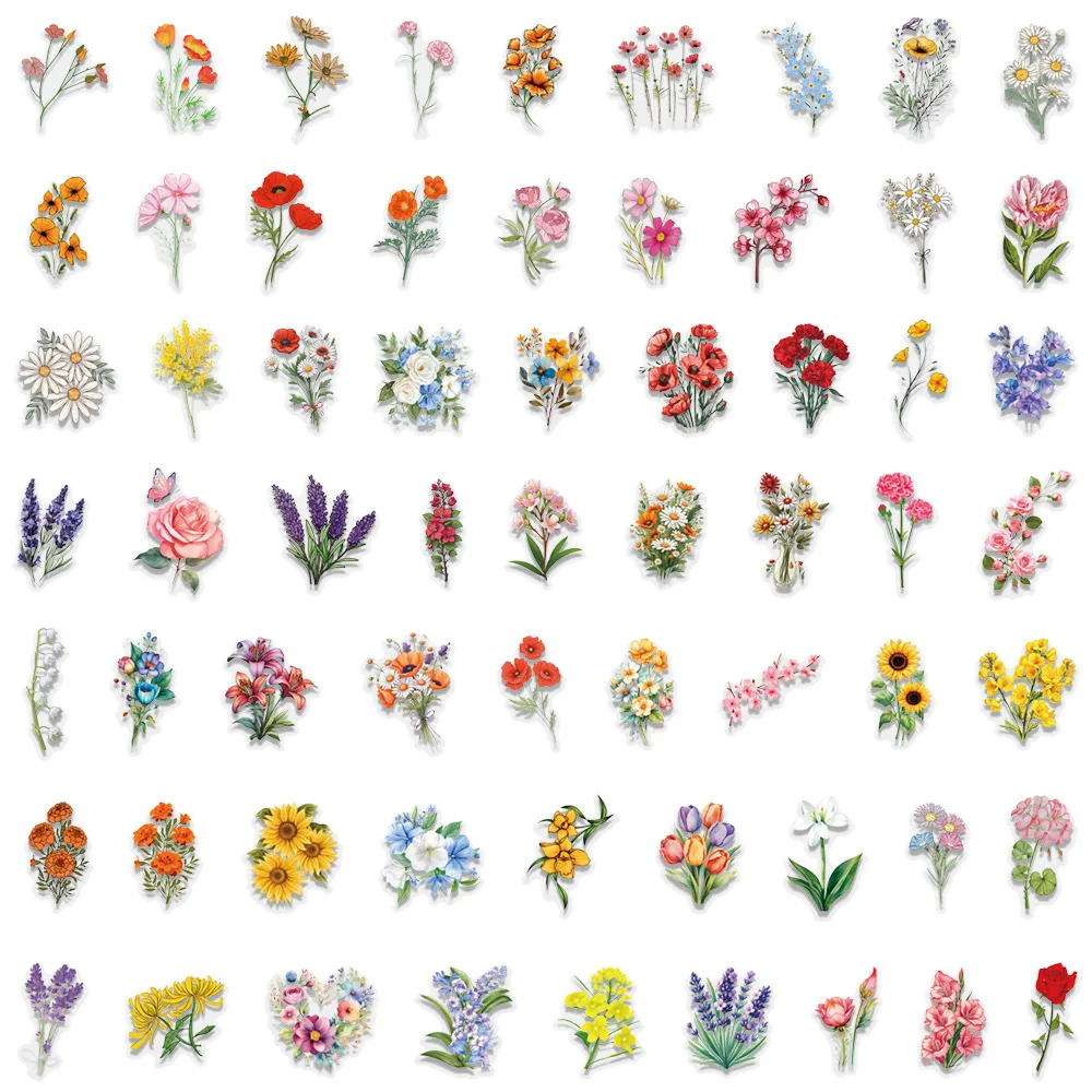 60Pcs INS Ink Wash Flower Stickers Set Waterproof Transparent PET Journal Decoration for Guitar Notebook Waterproof Stickers