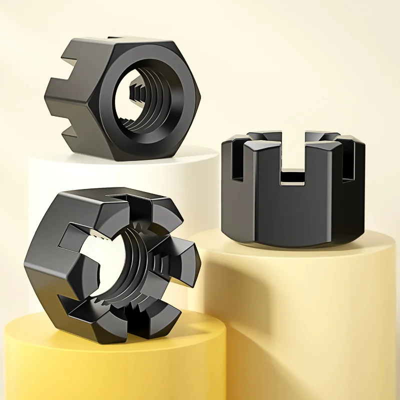 Carbon Steel Slotted Hex Nut, Black Finish, Coarse & Fine Thread M6 M8 M10 M12 M14 M16 M18 M20 M22 M24 M27-M42 Hex Slotted Nut