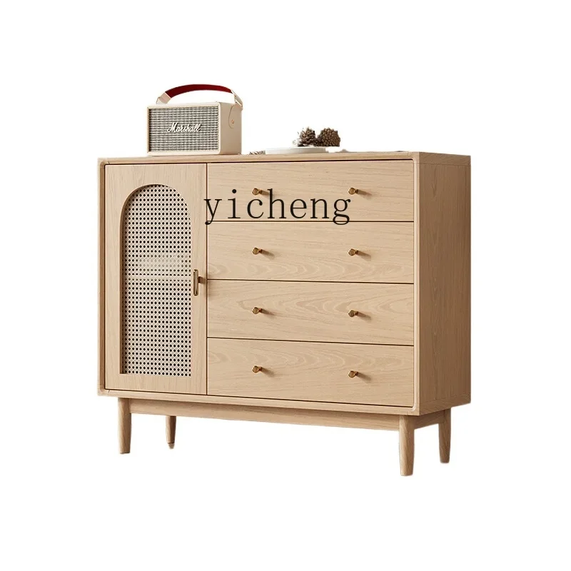 TQH living room storage cabinet solid wood frame rattan storage cabinet Nordic style simple bedroom five bucket storage cabinet