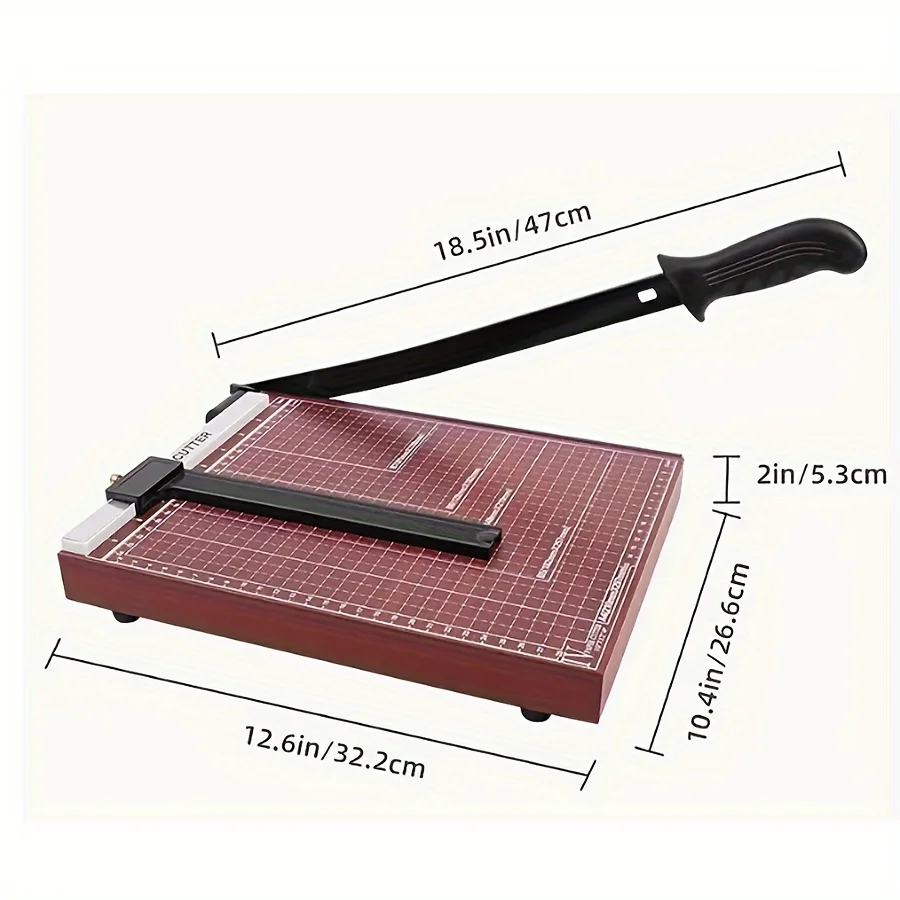 1pc brown A4 paper cutter & 12-inch cutting length, adjustable guide rails, sturdy wooden base, 12-sheet capacity