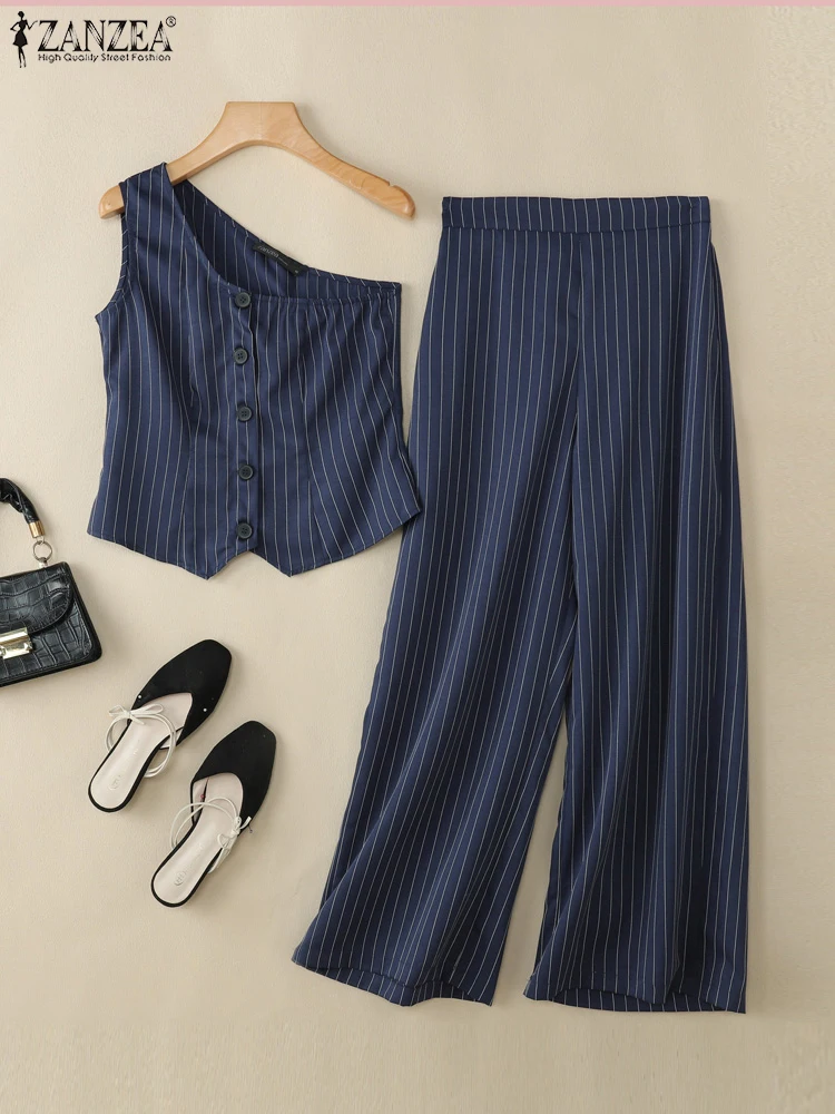 

ZANZEA Fashion Streetwear Pant Sets Woman Wide-Leg Pants Sexy One-Shoulder Tops Summer 2 Pieces Sets Striped Two Piece Outfits