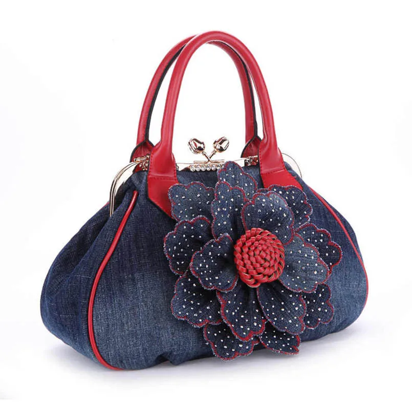 Denim Large Capacity Rose Blossom Gradient Handbag Shoulder Hobos Jean Purse Crossbody Women\'s Bags