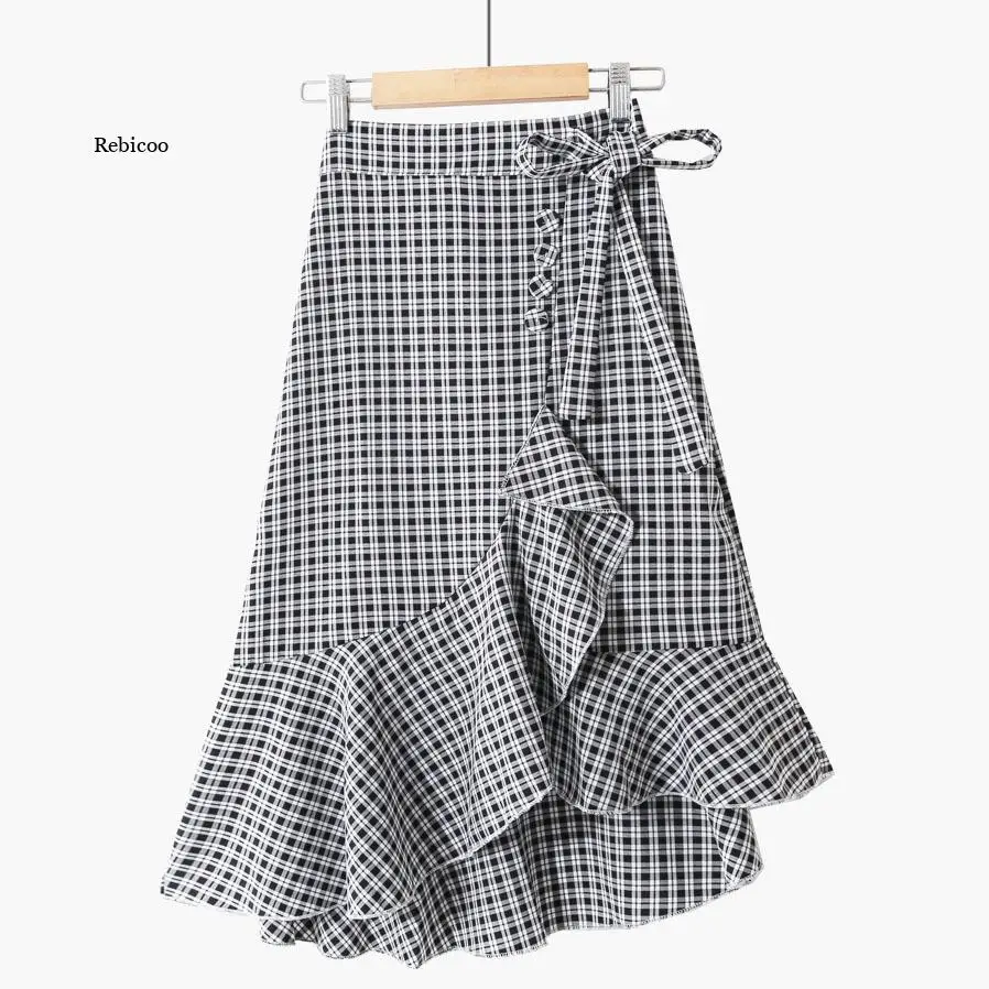 

Women 2022 Summer Fashion High Waist Wrap Long Skirt Asymmetrical Vintage Plaid Ruffled Mermaid Bottom Femme