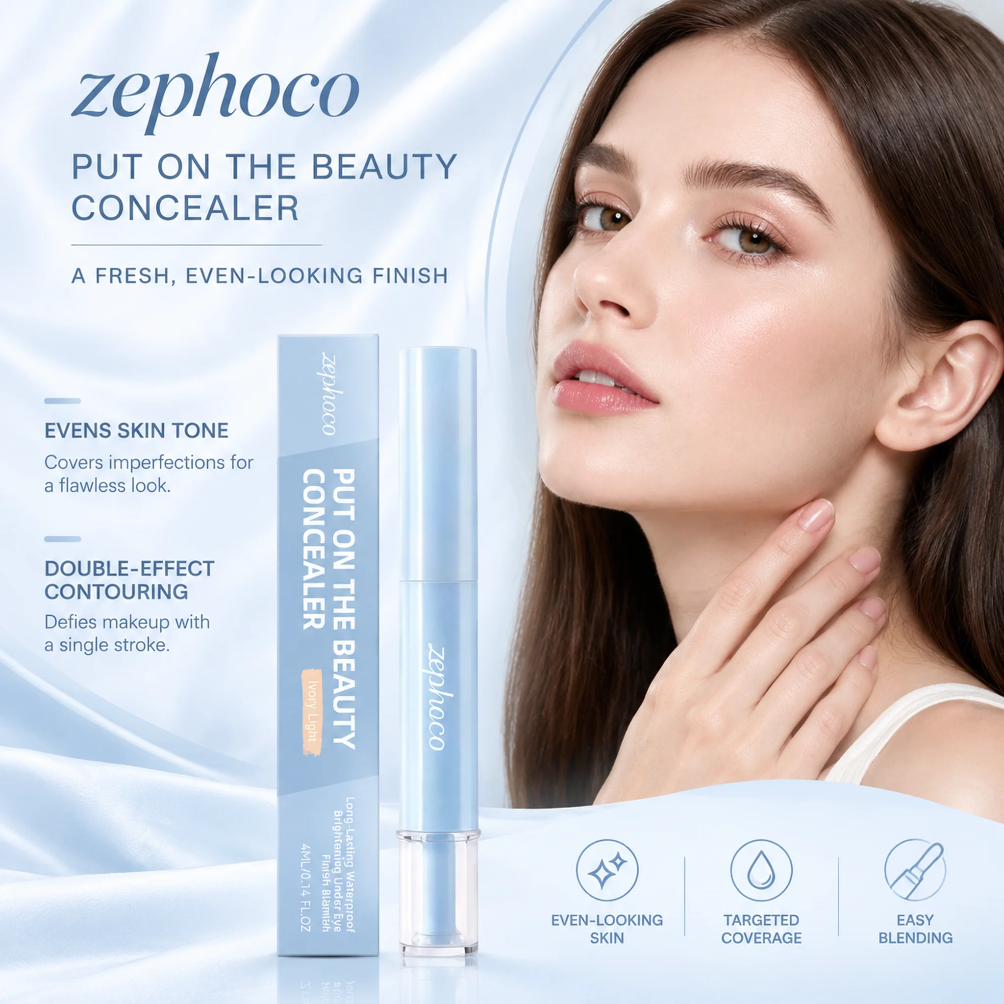 Zephoco Concealer Pen Waterproof Long Lasting Under Eye Brightener Lightweight Creamy Texture Refine Contour Portable Touch Up