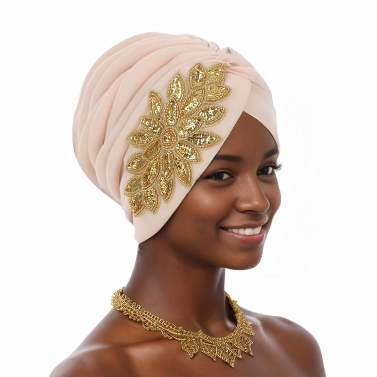 

African Headtie Sequin Turban Pleated Hat Nigerian Head Wraps Cap Bonnet for Indian Women Hijab Auto Gele Headscarf Hat Wedding