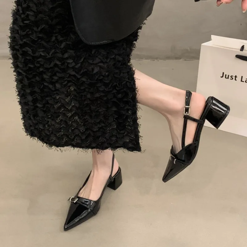 Beige/Black Womens Sandals with High Heels Close Toes Straight Buckle Non Slip Versatile 2025 Summer Outdoor PU Fashion Sandals