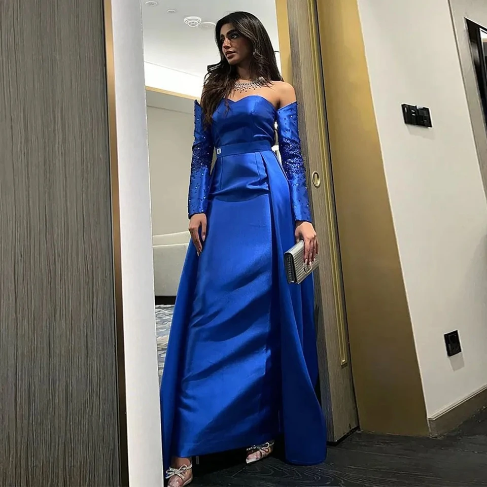 Charming Blue Sweetheart Off The Shoulder Prom Dresses 2023 Mermaid Floor Length Sweep Train Satin Beaded Zipper Formal Gown