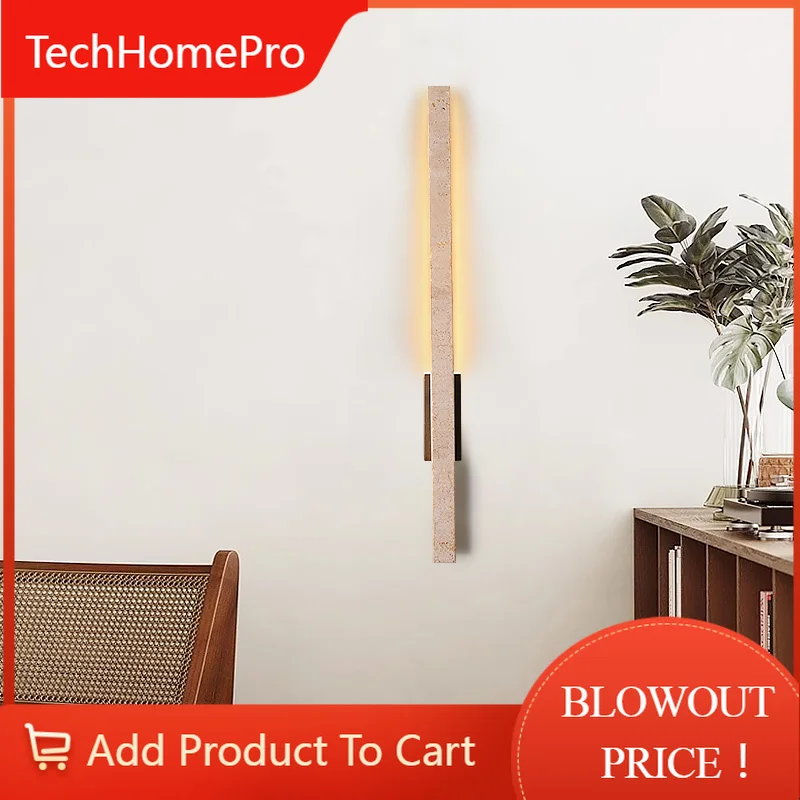 TechHPLong Strip Natural Stone Wall Light For Bedroom Bedside Livingroom Corridor Aisle Wall Sconce Yellow Travertine Lighting D