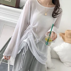 Rimocy Women Ice Silk Sunscreen T Shirts Summer Fashion Drawstring Loose Tops Woman Slightly Transparent Long Sleeve Tees Female