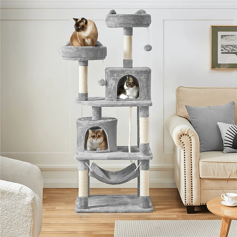 

1PC 62.5H Cat Tree Tower With 2 Condos 5 Sisal Posts, Indoor Cats MultiLevel Climbing Furniture With Hammock Toy Balls, Large P