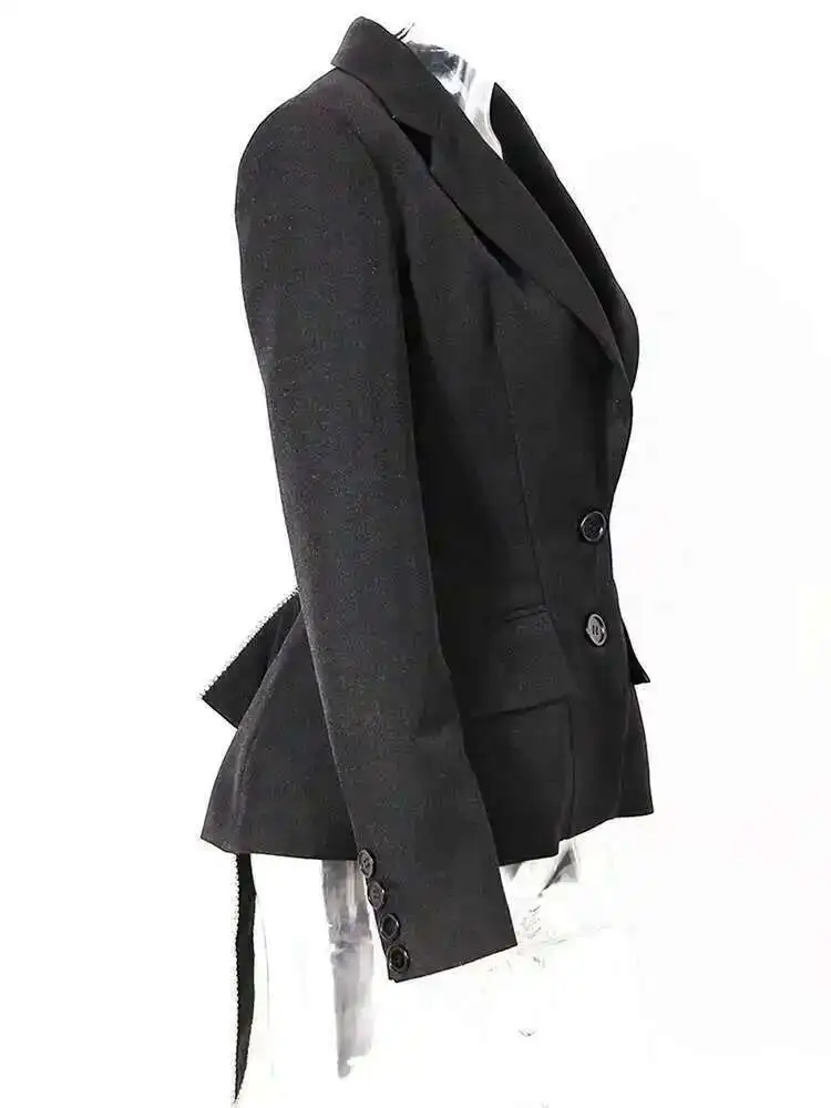 Designer Black  Bow Hollow Out Rhinestones Blazer Women New Lapel Long Sleeve Loose Fit Jacket Fashion Spring Autumn 2025 пид