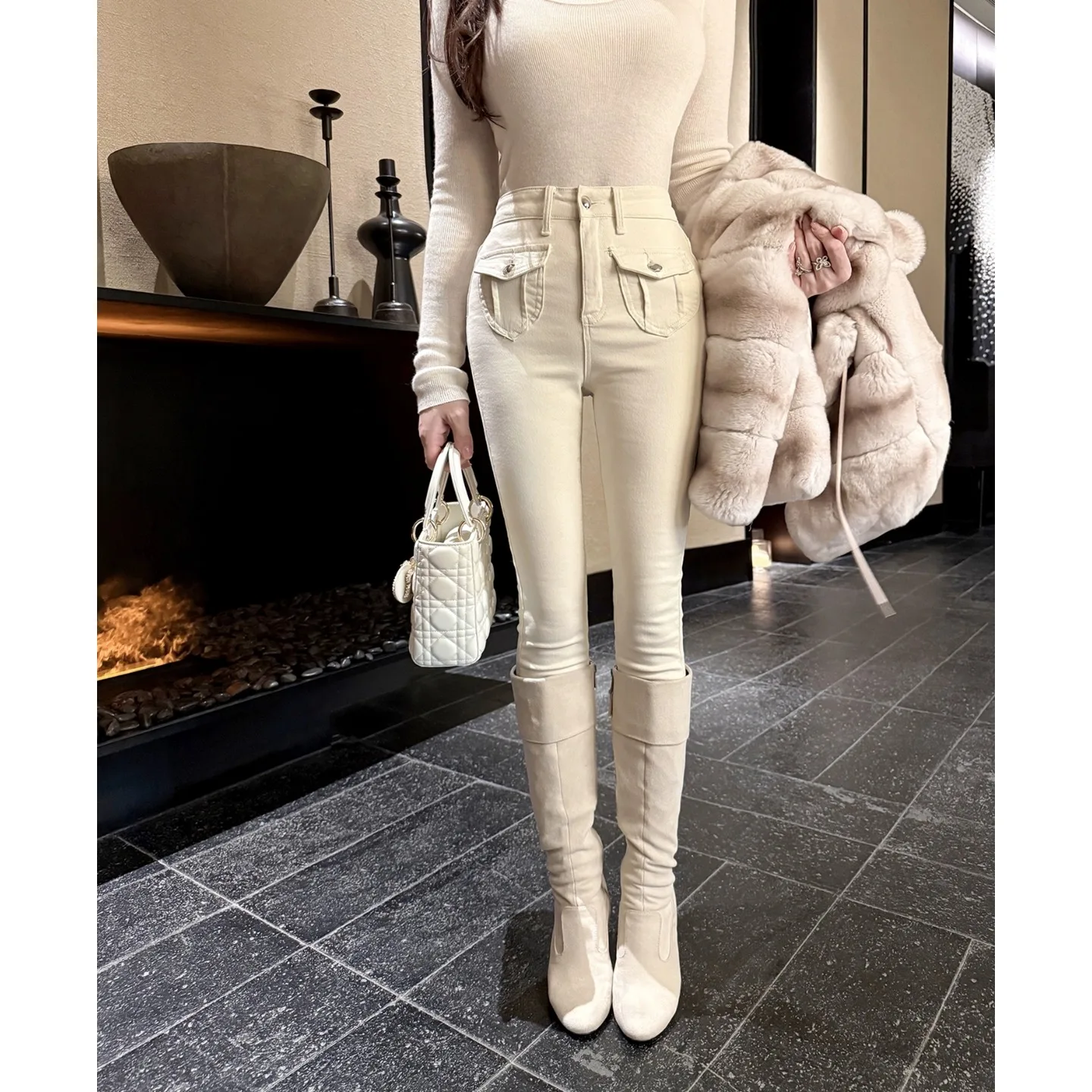 Autumn Winter High Waist Slim Fit Denim Pants Women's Fleece Lined Bootcut Jeans Three Dimensional Pockets Pure Desire