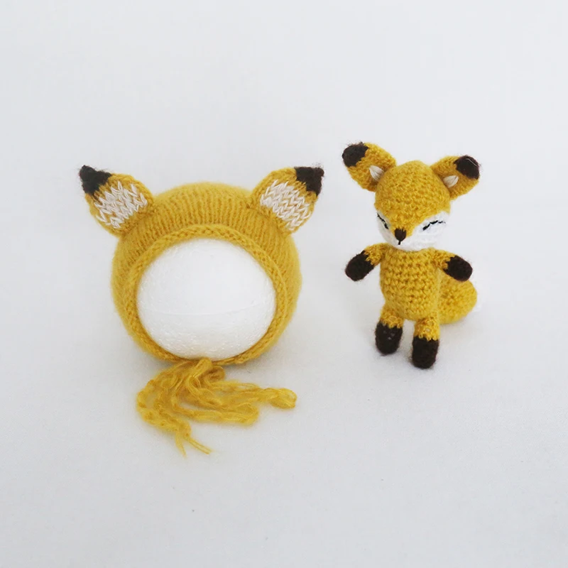 

Вязаная шапка с лисой для новорожденных и игрушка, вязаная крючком шапка с кроликом из мохера и аксессуары для игрушечной студии, реквизит для фотосъемки новорожденных
