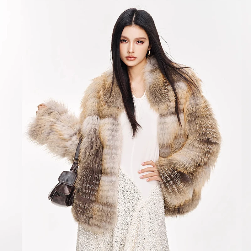Ftangaiur Women Winter Import Fox Fur Coat V-Neck Long Sleeve Female Fox Coats Loose Causal  Short Natural Fox Fur Coats