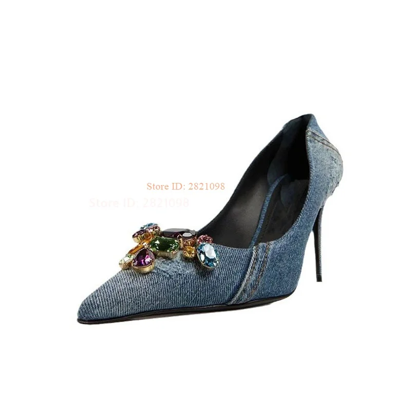 

Women's Blue Demin Thin Heeled Pumps Colorful Rhinestone High Heels Pointed Toe Stiletto Party Dress Shoes