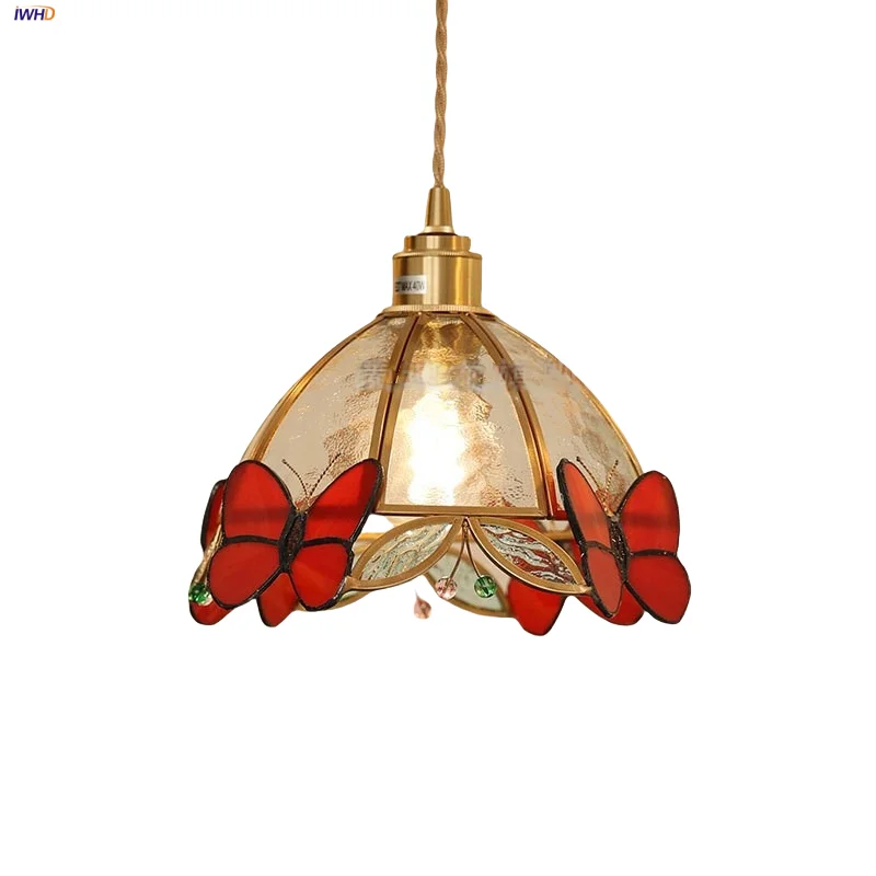 

IWHD Red Butterfly LED Pendant Lamp Kitchen Bedside Balcony Copper Walnut Wood Home Decor Tiffany Glass Hanging Lights Lamparas