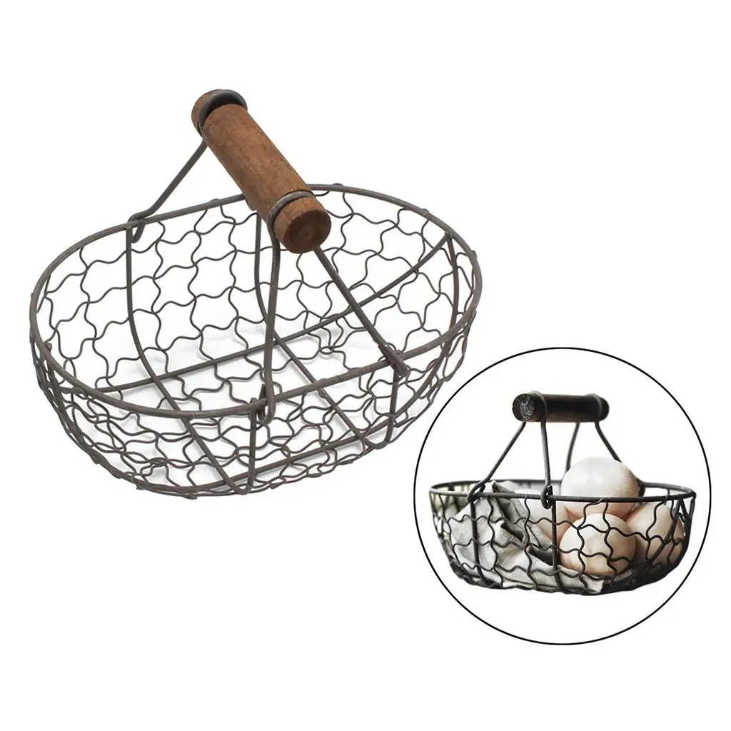 Wooden Handle Metal Retro Basket Portable Vegetable Fruit Egg Storage Basket