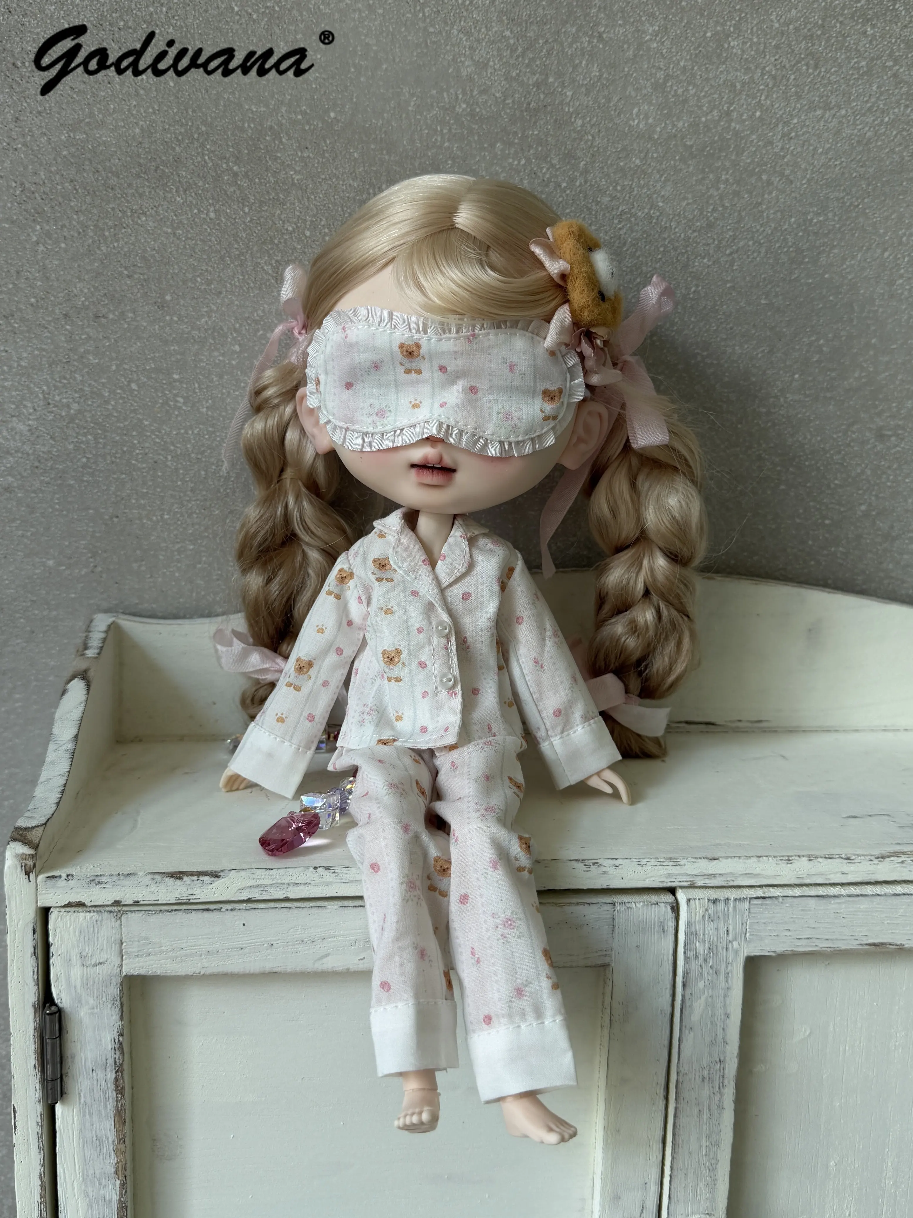 Spot Blythe Ob24 BJD Doll Clothes Long-sleeved Floral Print Pajamas Three Pieces Set with Eye Mask 19 Joint Can Wear for Azone
