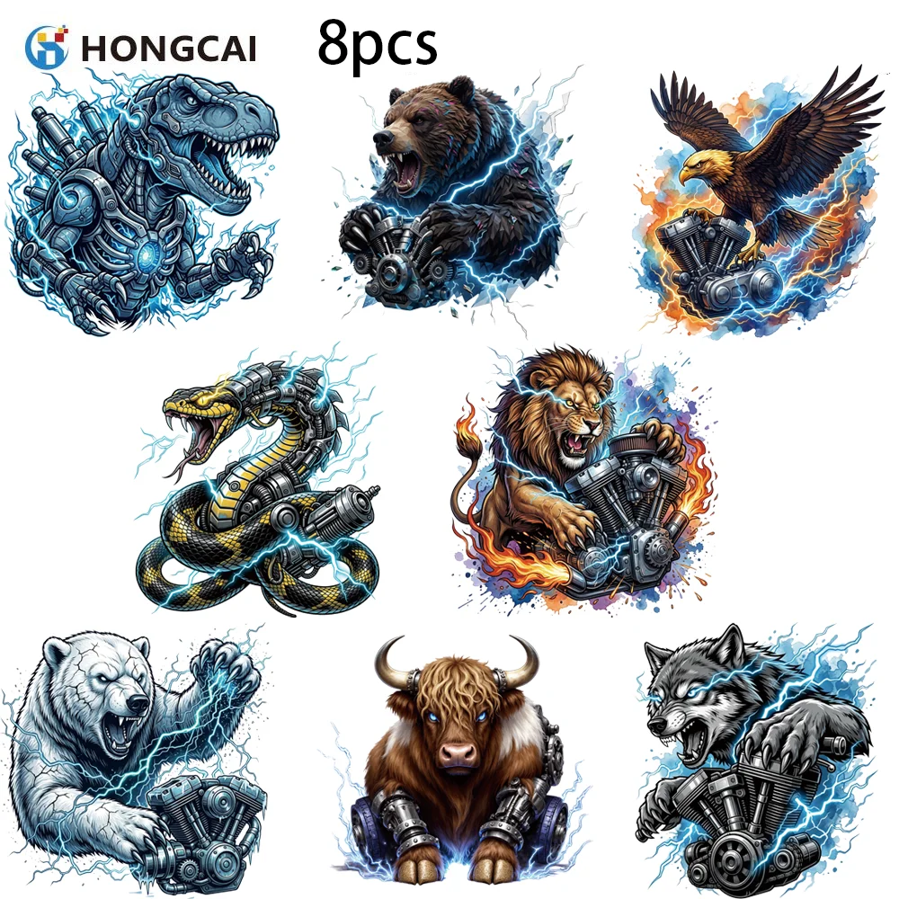 

8Pcs Cool Street Mechanical Beast DTF Transfers, Lightning & Engine Heat Transfers, Ready to Press DIY Fabric Iron-on Patches