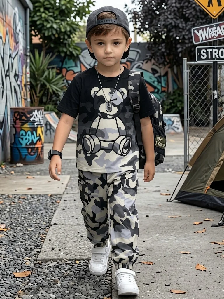 Boys Summer Clothing Set Bear Graphic T-Shirt + Camouflage Cargo Pants 2Pcs Kids Streetwear Casual Outfits Children Tracksuit