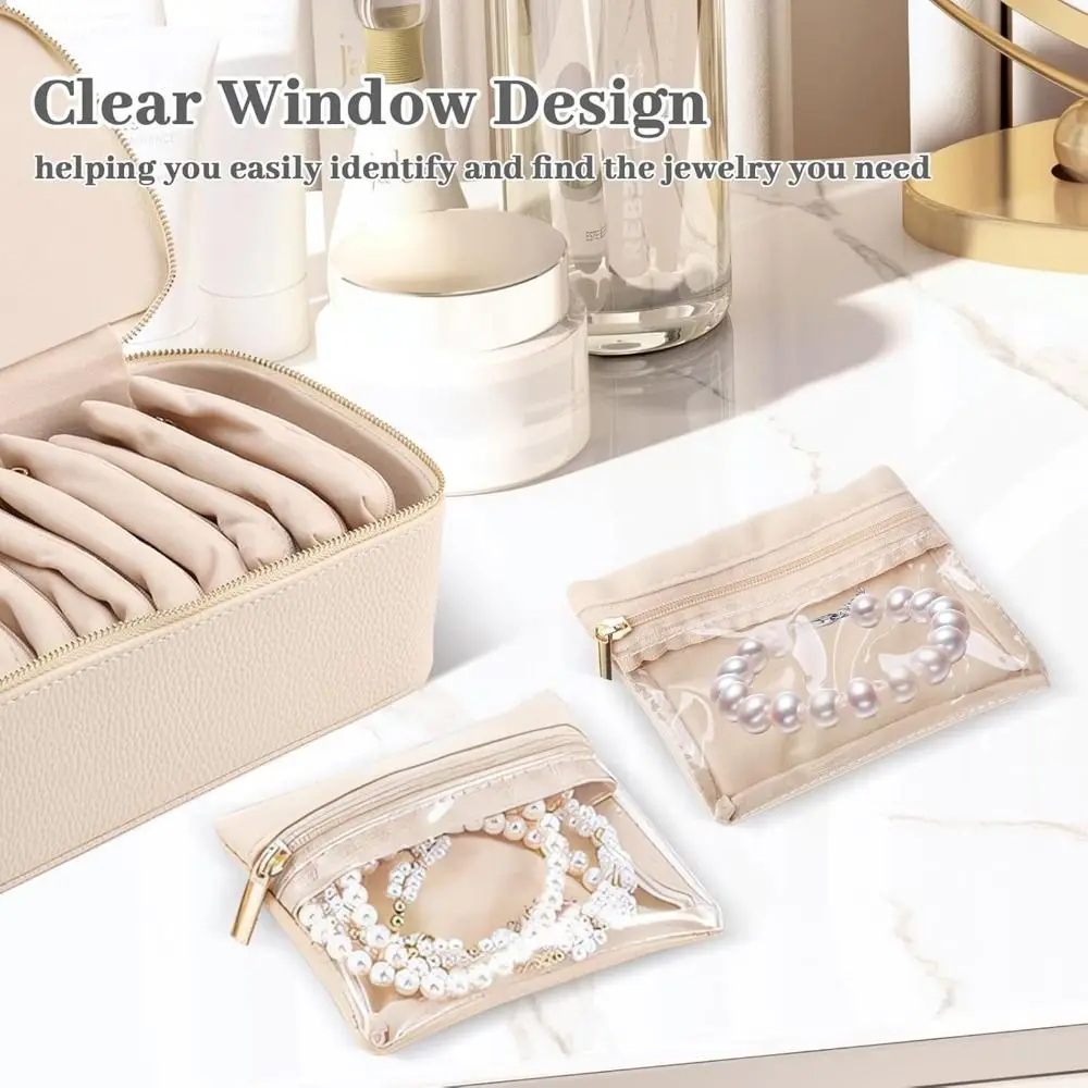 صندوق مجوهرات محمول متعدد الوظائف للسفر بسعة كبيرة مع 12 قطعة من الحقائب الصغيرة صندوق تخزين المجوهرات من جلد البولي يوريثان