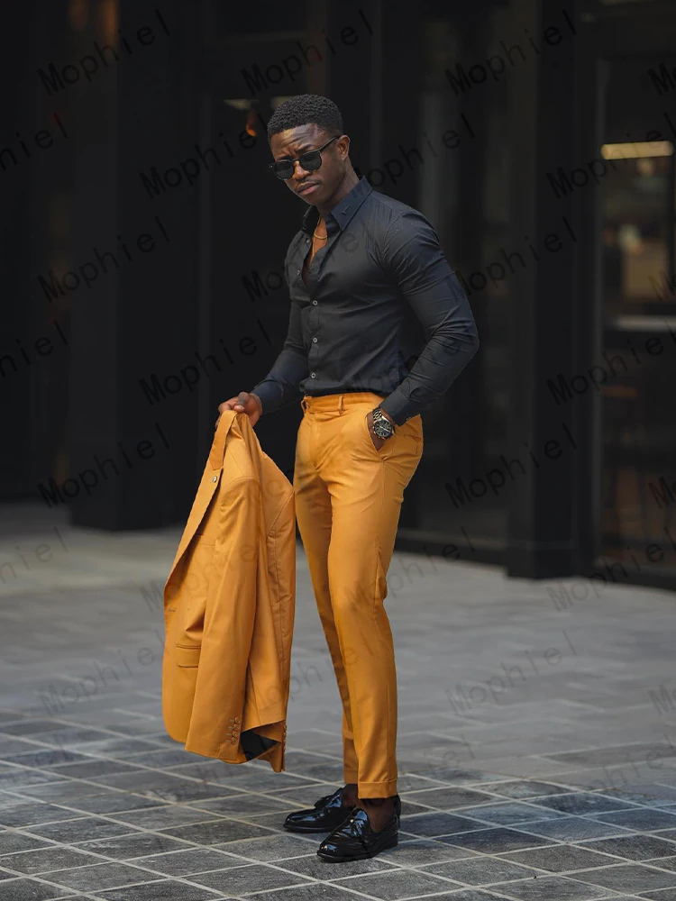 Mustard Yellow Men Suits 2Pcs Tuxedo Slim Fit Single Breasted Notched Lapel Cropped Pants for Wedding Prom Party Business Blazer view 5