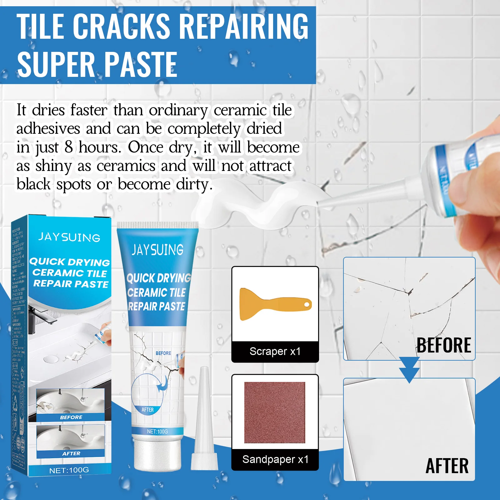 Quick Drying Ceramic Tile Repair Paste Waterproof Crack Filler for Floor Wall Bathroom Sink Porcelain Home DIY Repair Paste