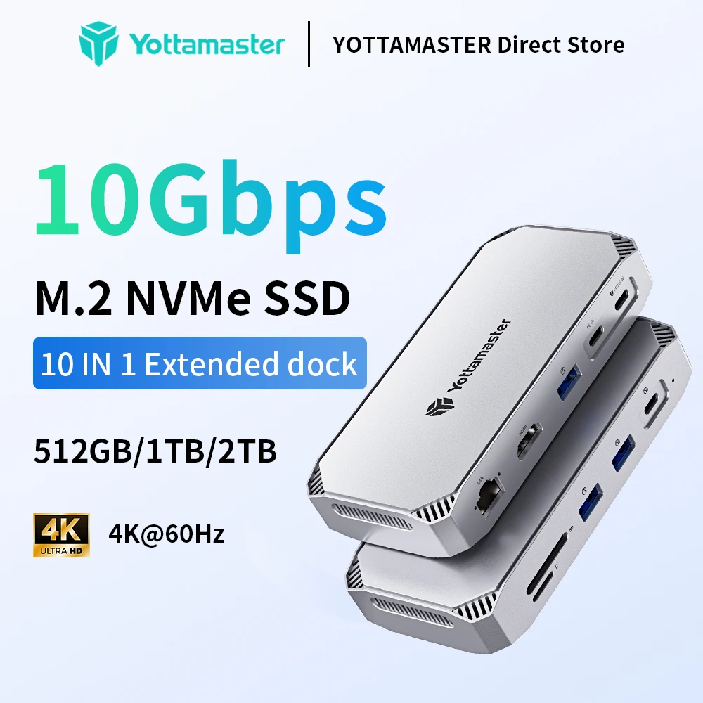 

Yottamaster 10-in-1 USB C HUB M.2 NVMe SSD Enclosure 512GB 1TB 2TB 10Gbps 4K60Hz HDMI-Com 100W PD RJ45 SDTF 3.0 Portable SSD HUB