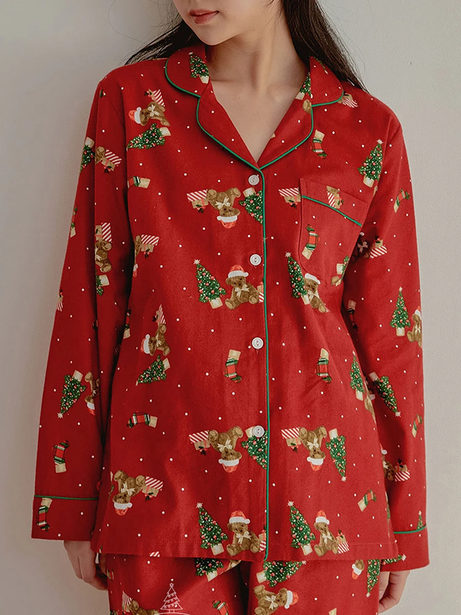 Women Christmas Pajama Set Tree Bear Print Long Sleeve Shirt with Pants Sleepwear Loungewear