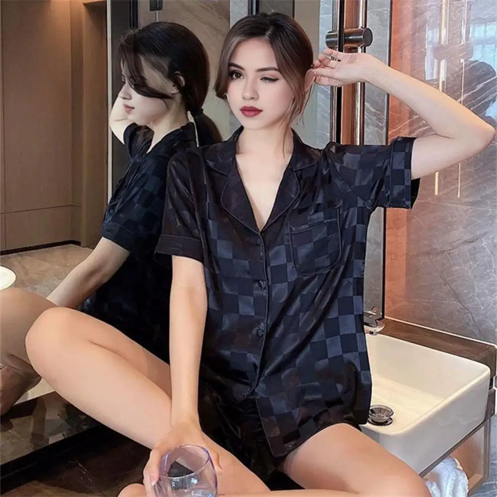 Women Summer Pajama Set Check Print Ice Silk Lapel Short Sleeve Top Elastic Waist Pants Homewear Shirt Pants Set Loungewear