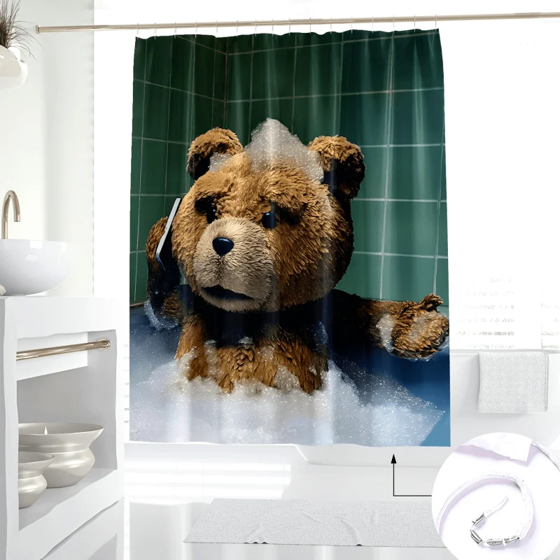 1pc Novelty Teddy Bear Shower Curtain, Water-resistant Polyester Bathroom Decor with Hooks, Fun Cartoon Digital Print, Machine W