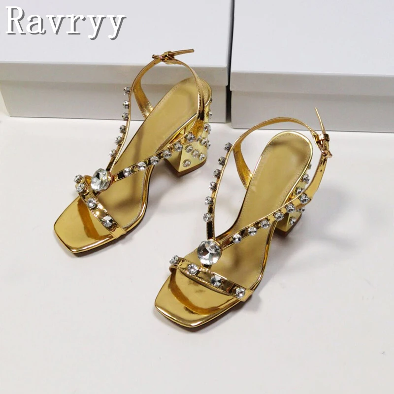 

Summer New Rhinestone Rivet Thick-Heeled Sandals Square Toe Patent Leather Luxury Shine Runway Banquet Dress Women Shoes