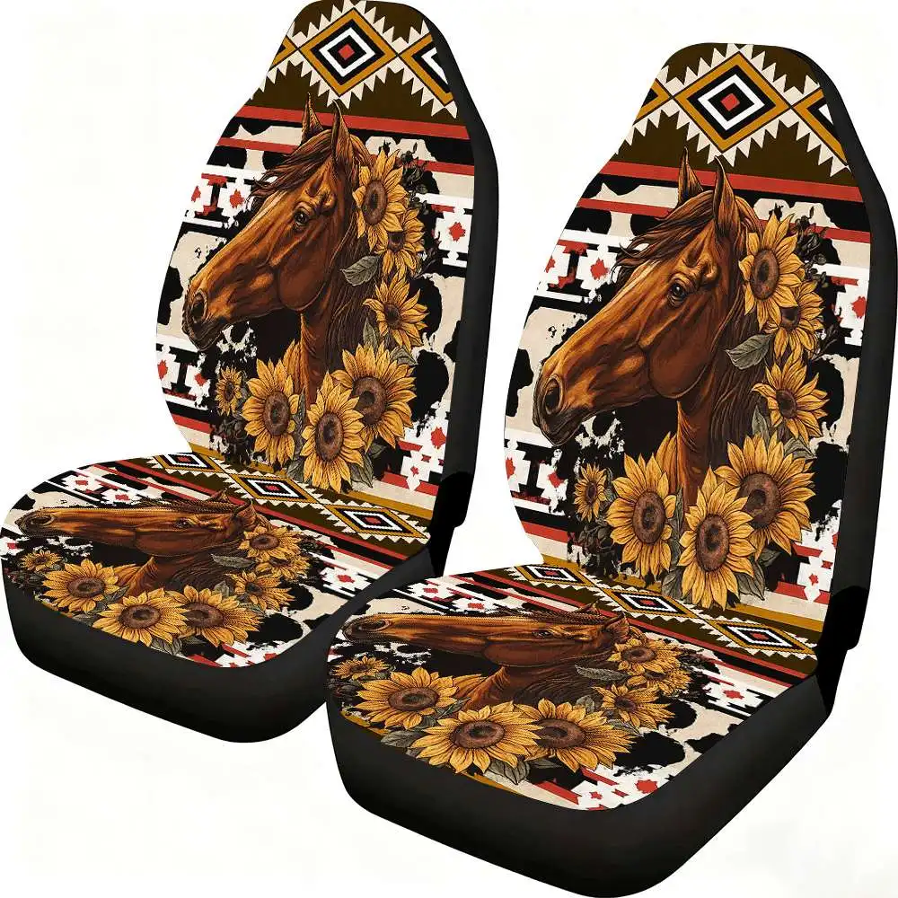 

2pcs Western Horse & Sunflower Car Seat Covers - High-Back Design, Polyester, Fit For Cars, SUVs, Trucks, Women'S Accessories, C