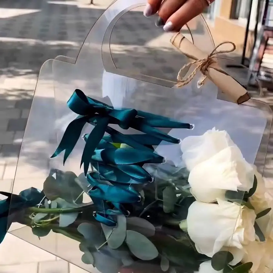 Transparent Flower Bouquet Bag With Handle Fresh Flower Wrapping Handbag Party Gift Contatiner Packing Bag Wedding Rose Gift Box