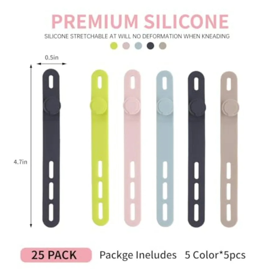 25 Pcs Silicone Cable Ties, Cable Ties Reusable, High Elasticity Cord Wraps for Electrical Cords, Cord Organizer for Earphone,