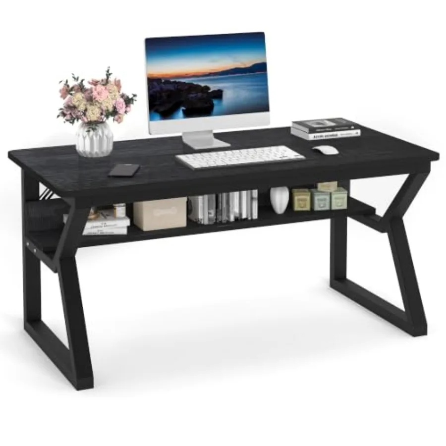Computer Desk w/Storage, Office Desk for Bedroom Black, Engineered Wood, Space-Saving Design with Drawer and Shelf