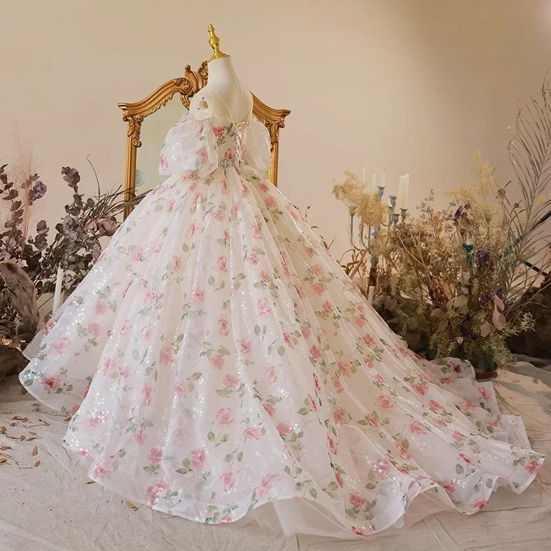 Children Dresses for Wedding Flower Girl Floral Long Dress Vintage Party Formal KidsBridesmade Prom Clothes Evening Ball Gown
