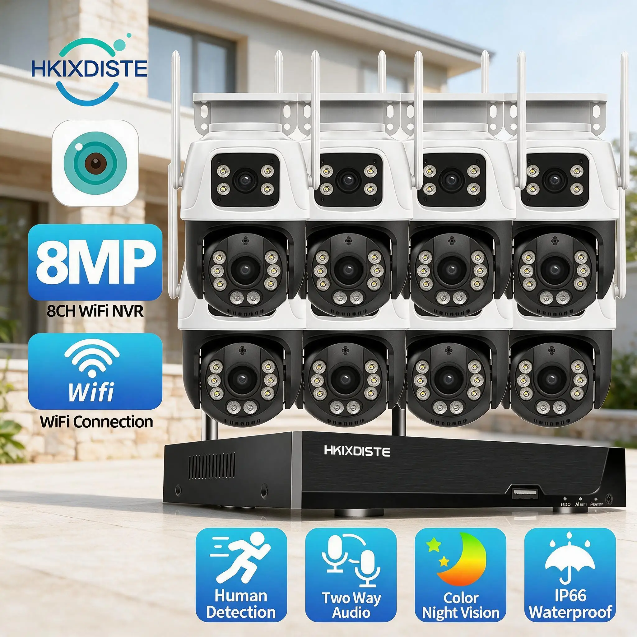 8CH Smart Wifi Wireless NVR Kit with ICSee 8MP Outdoor CCTV Cameras 4K Dual Lens Security Surveillance System XMEye Ready